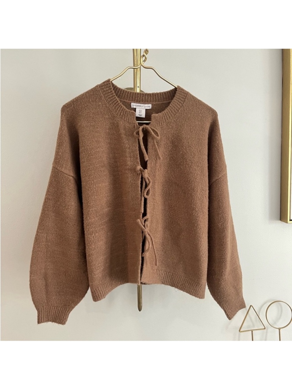 Sincerely Jules Brown Cardigan feminine neutral preppy wTie Accents S oversize